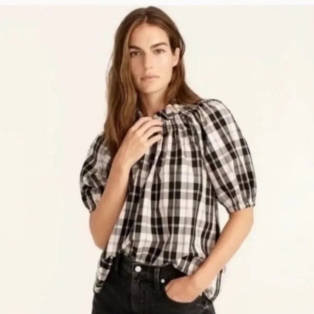 J.Crew Plaid Puff Sleeve Peasant Top Smocked Neck Cotton Blouse Small